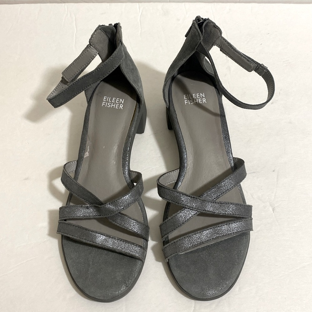 NWOB EILEEN FISHER Shimmery Silver Leather Sandals w Block Rubber Sole & Heel